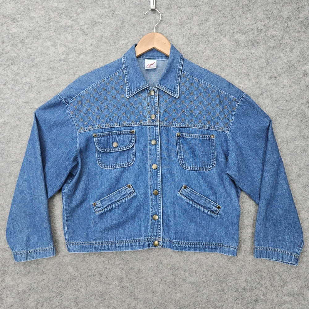 GW Graff Denim Jacket Women's Blue Vintage Embroidered Snap Front 3/4 Sleeves